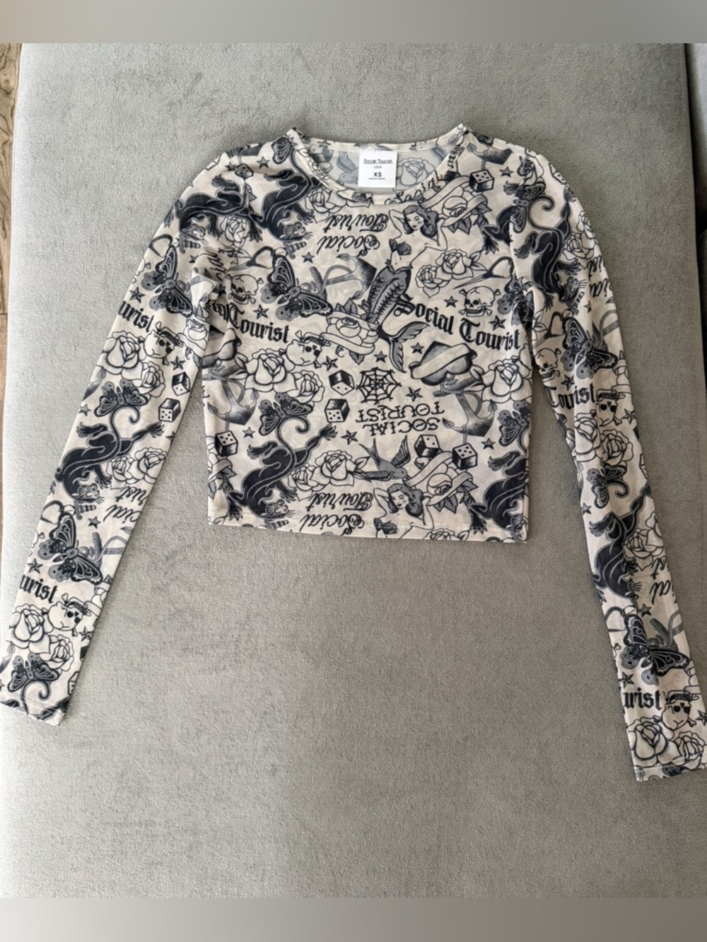 Social Tourist Womens Y2K Tattoo Mesh Top Size XS Sheer Edgy Streetwear Cropped